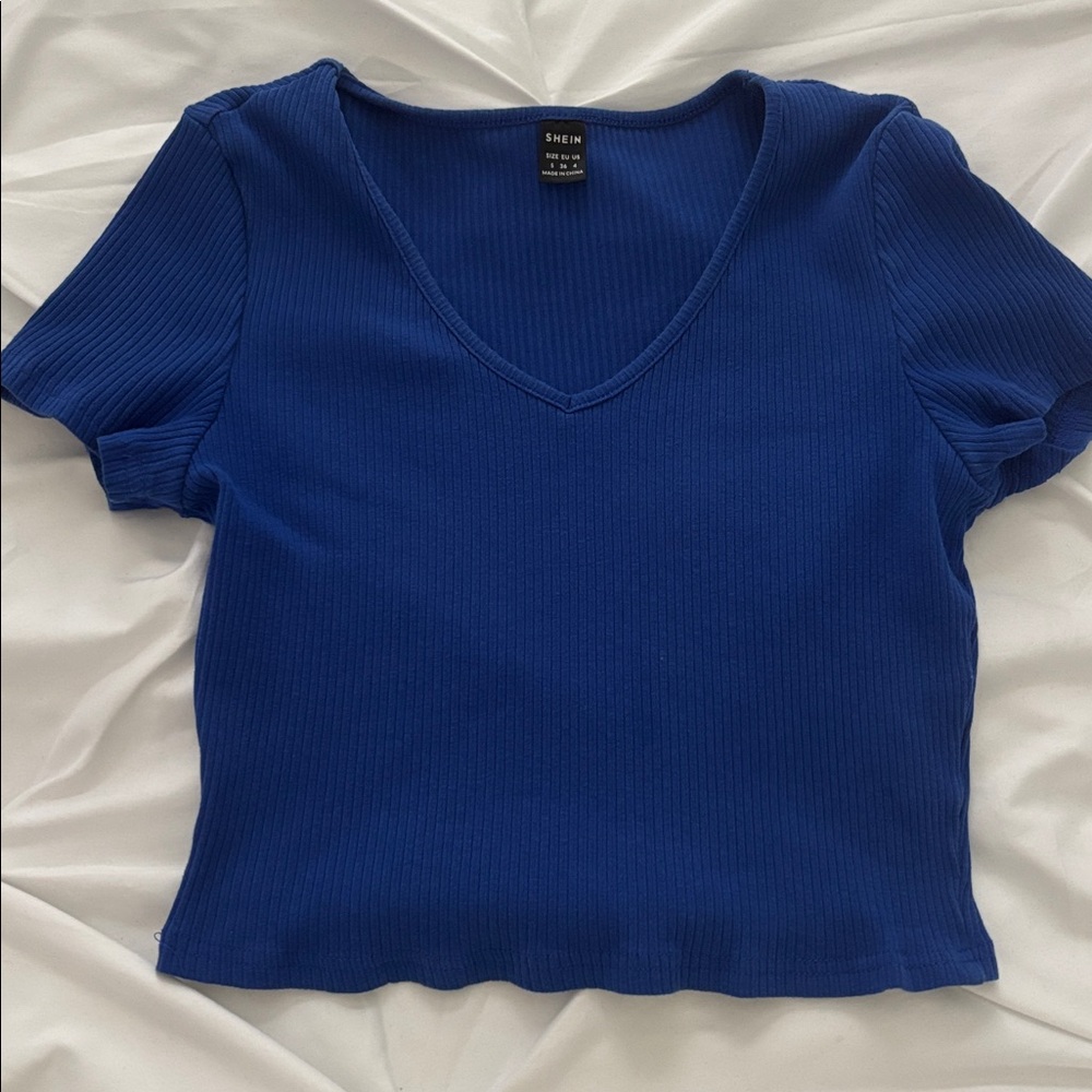 SHEIN Royal Blue Ribbed V-Neck Top